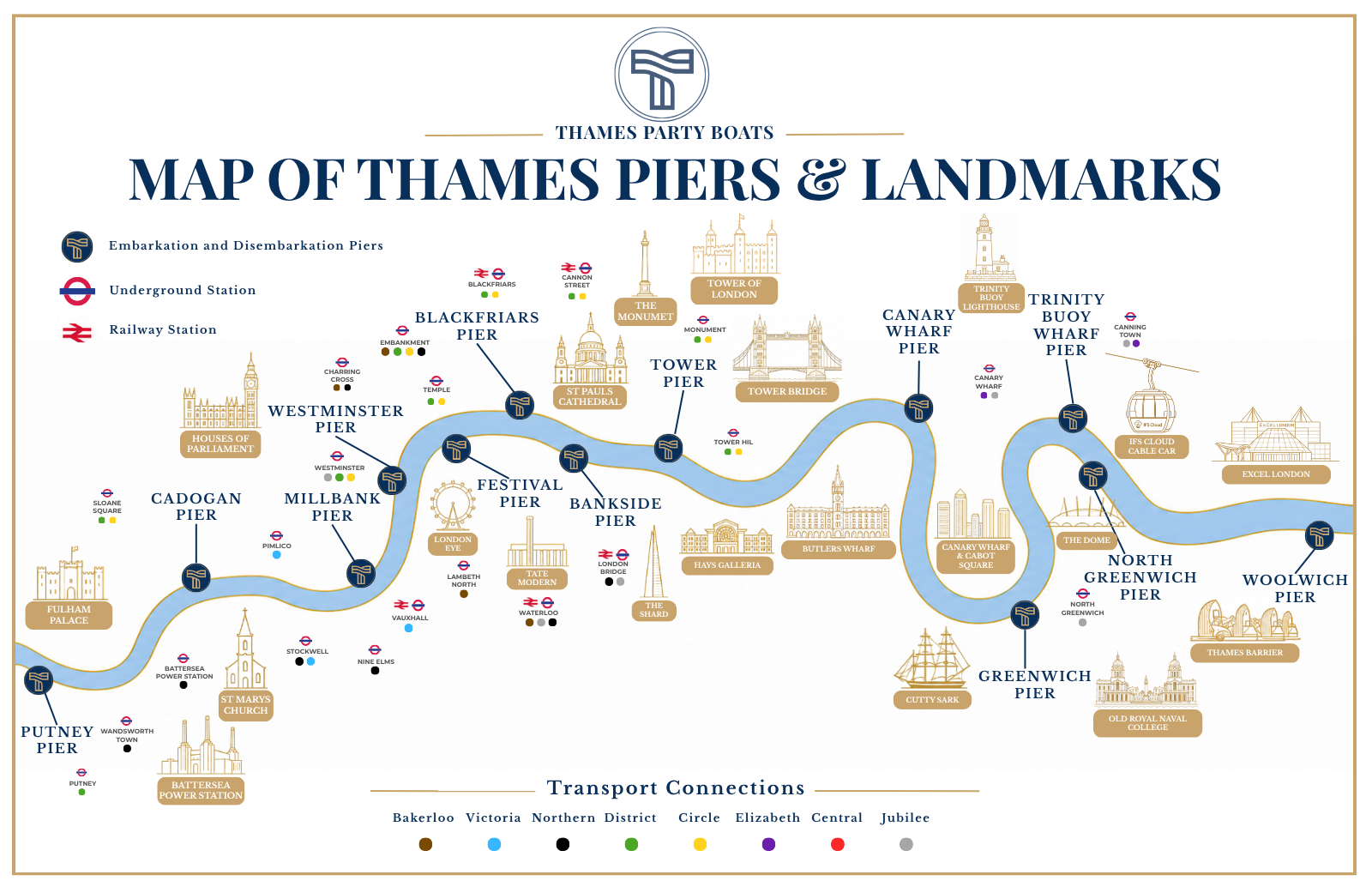 Map of Thames piers, London landmarks and transport connections